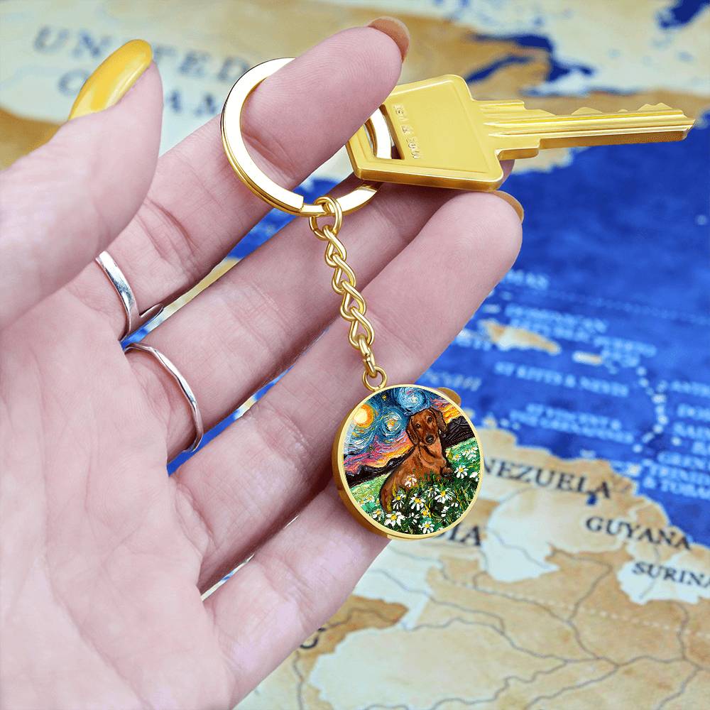 Brown Dachshund and Flowers Round Keychain