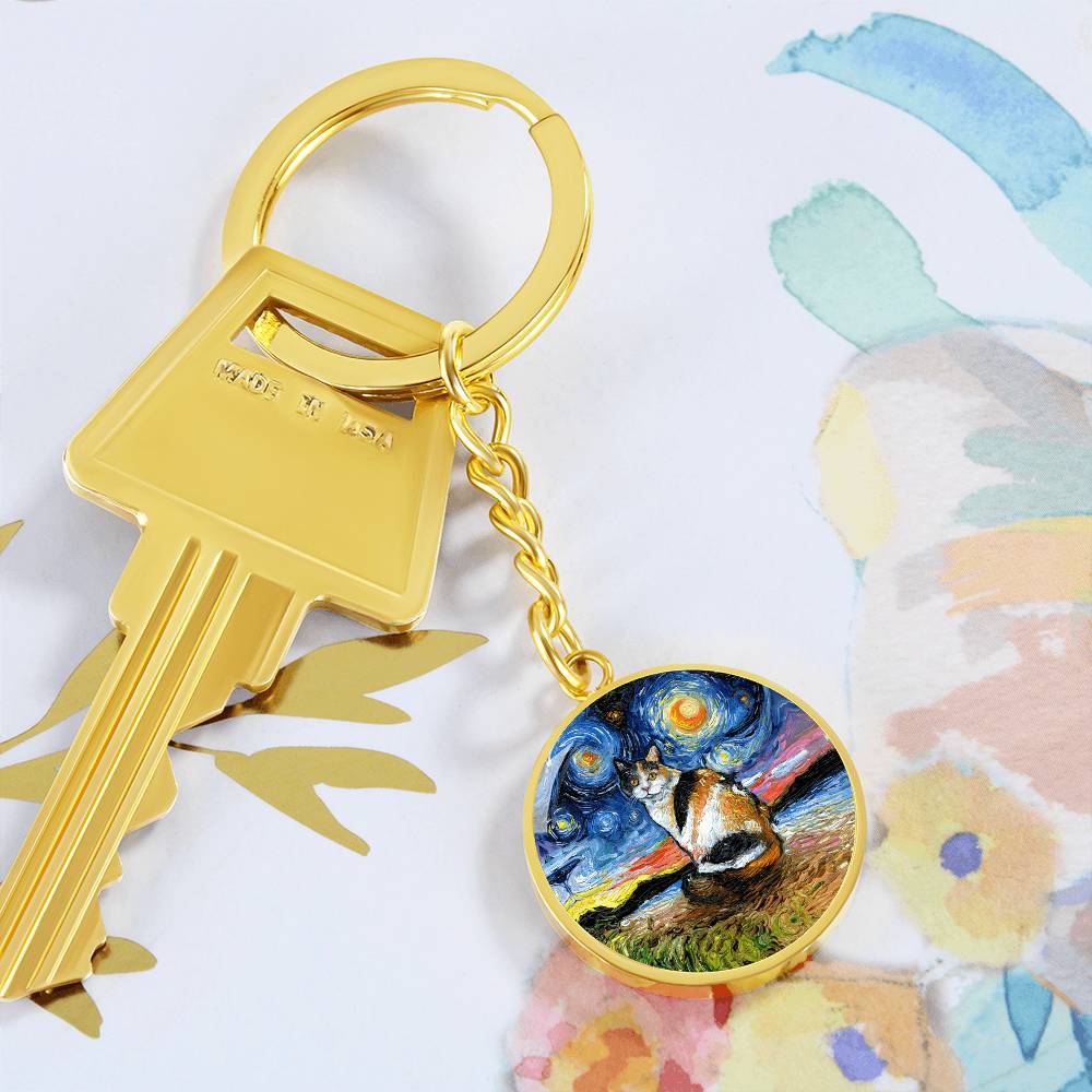 Calico Cat Starry Night Round Keychain