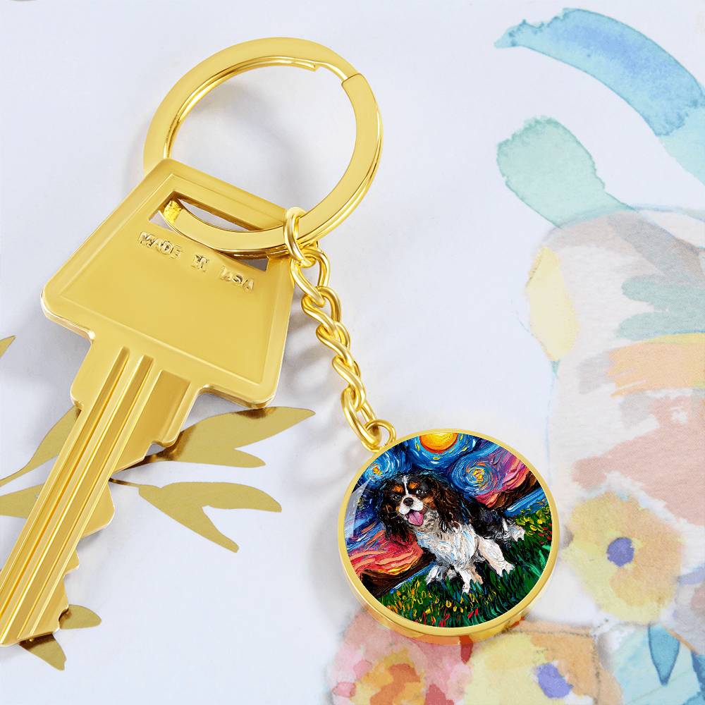 Tri Color Cavalier King Charles Spaniel Starry Night Round Keychain