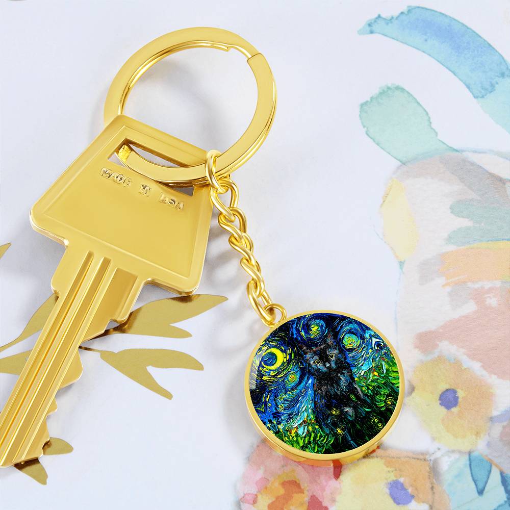 Black Cat Starry Night Round Keychain