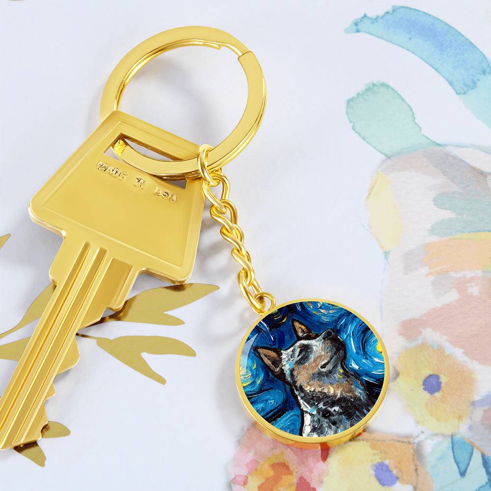Blue Heeler Portrait Starry Night Round Keychain