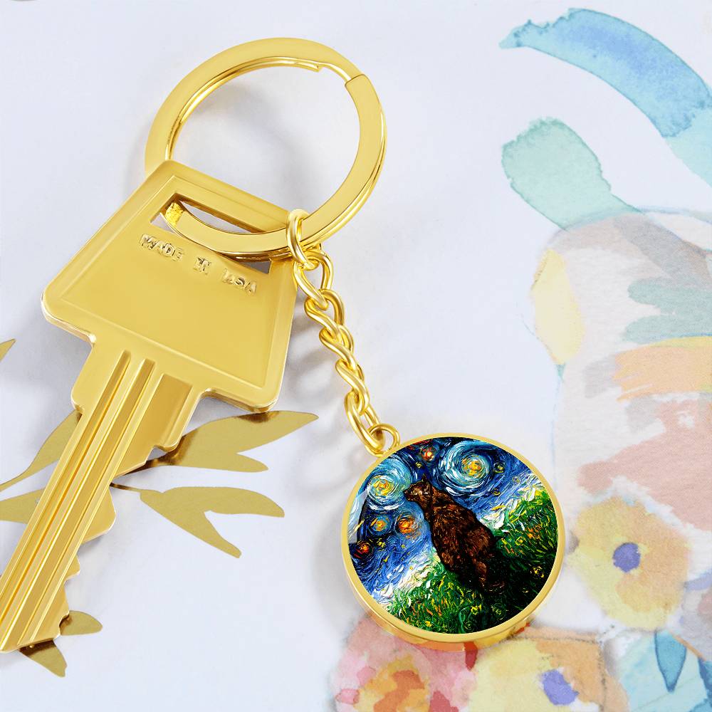 Tortoiseshell Cat Starry Night Round Keychain