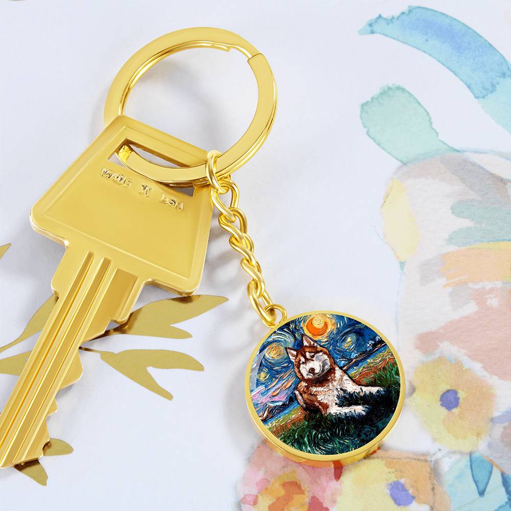 Red Husky Starry Night Round Keychain