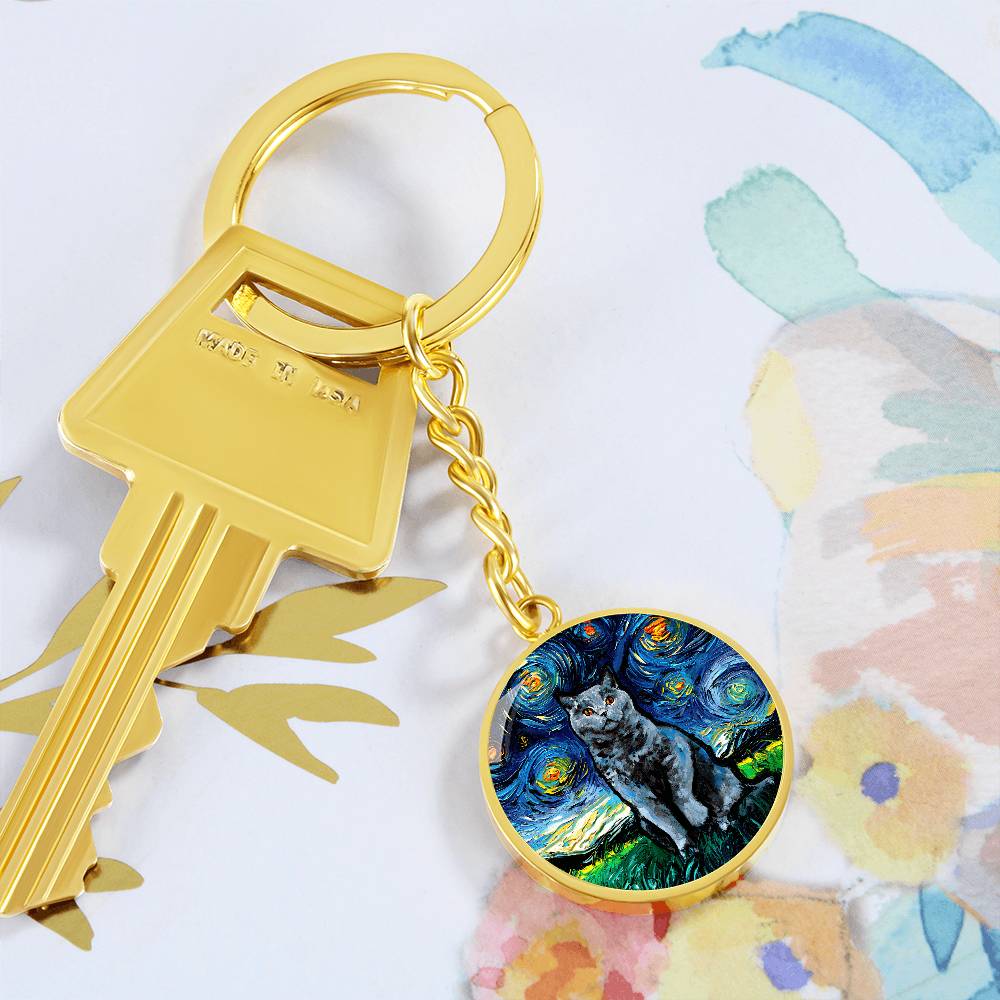 Blue British Shorthair Starry Night Round Keychain