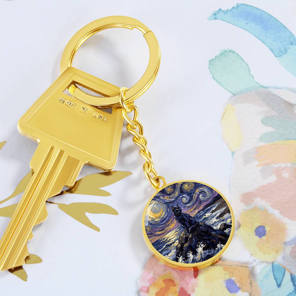Beach Night - Black Cat Round Keychain