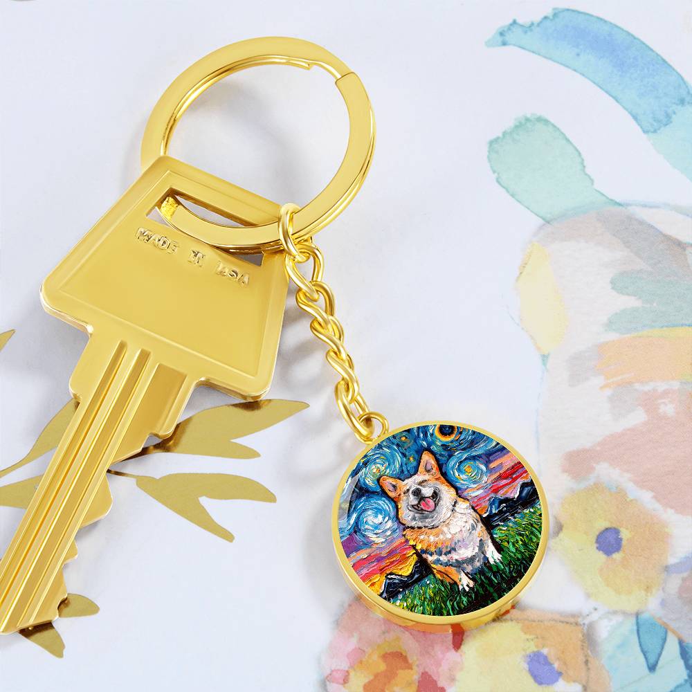 Smiling Corgi Starry Night Round Keychain