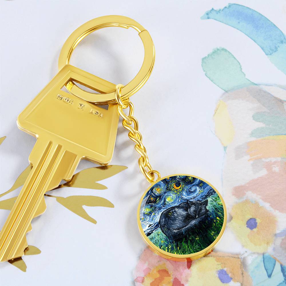 Sleeping Black Cat Starry Night Round Keychain