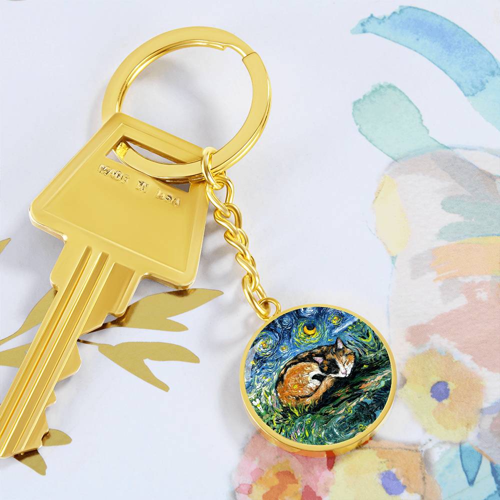 Sleeping Calico Cat Starry Night Round Keychain