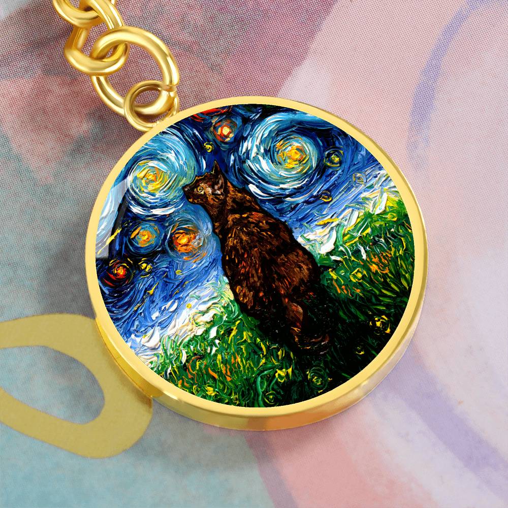 Tortoiseshell Cat Starry Night Round Keychain
