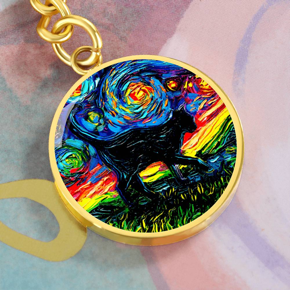 Black Cat Silhouette Starry Night Round Keychain