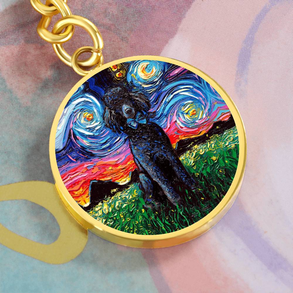 Black Poodle Starry Night Round Keychain
