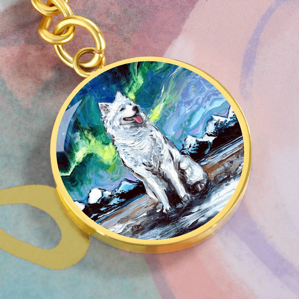 Samoyed and Northern Lights Round Keychain