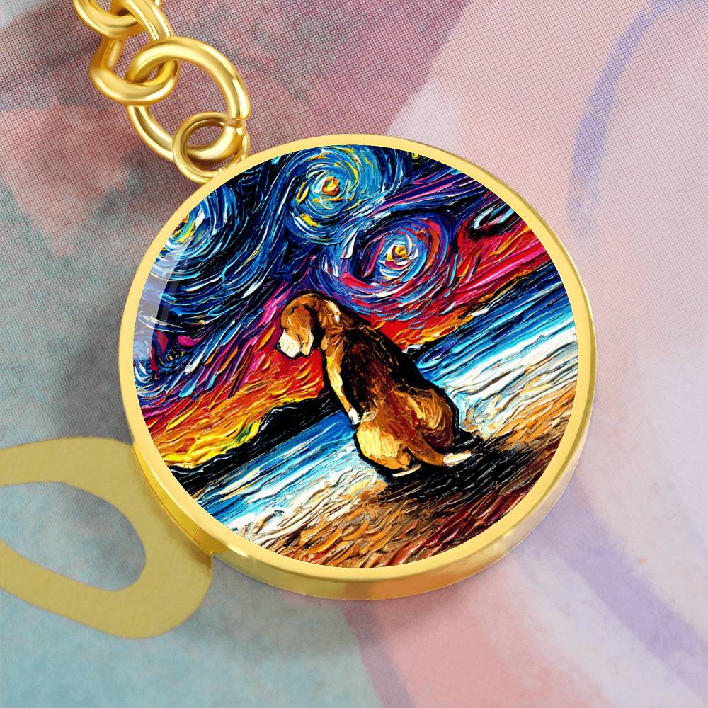 Beagle at the Beach Starry Night Round Keychain