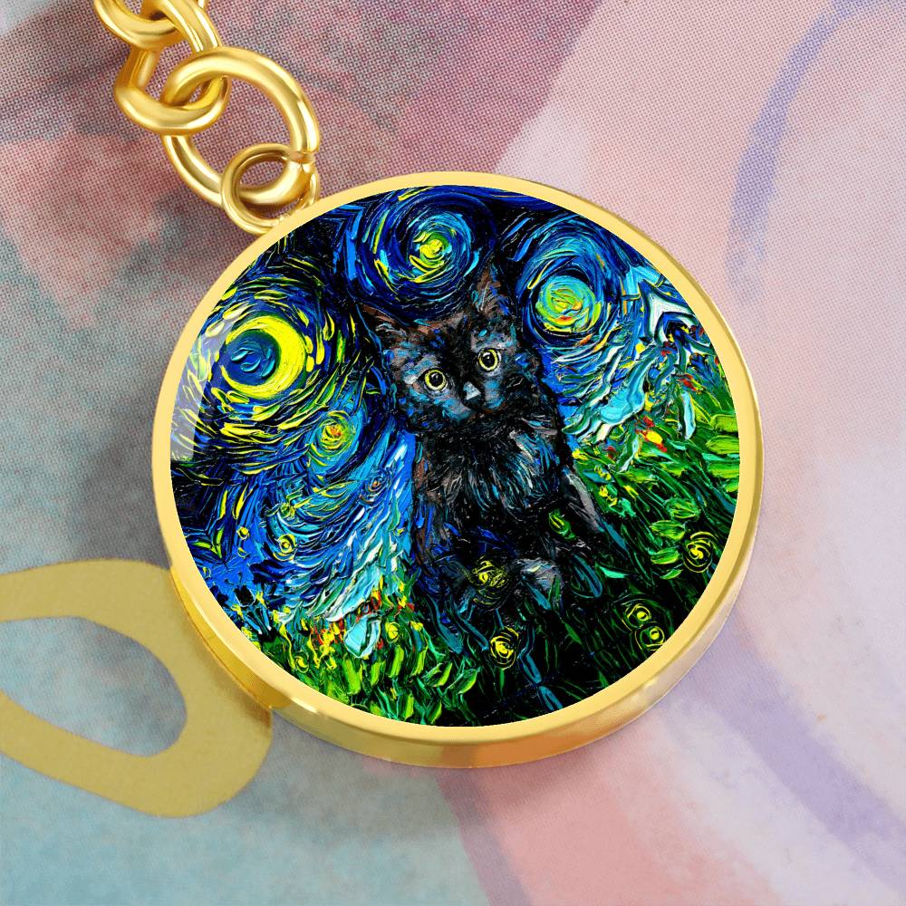 Black Cat Starry Night Round Keychain