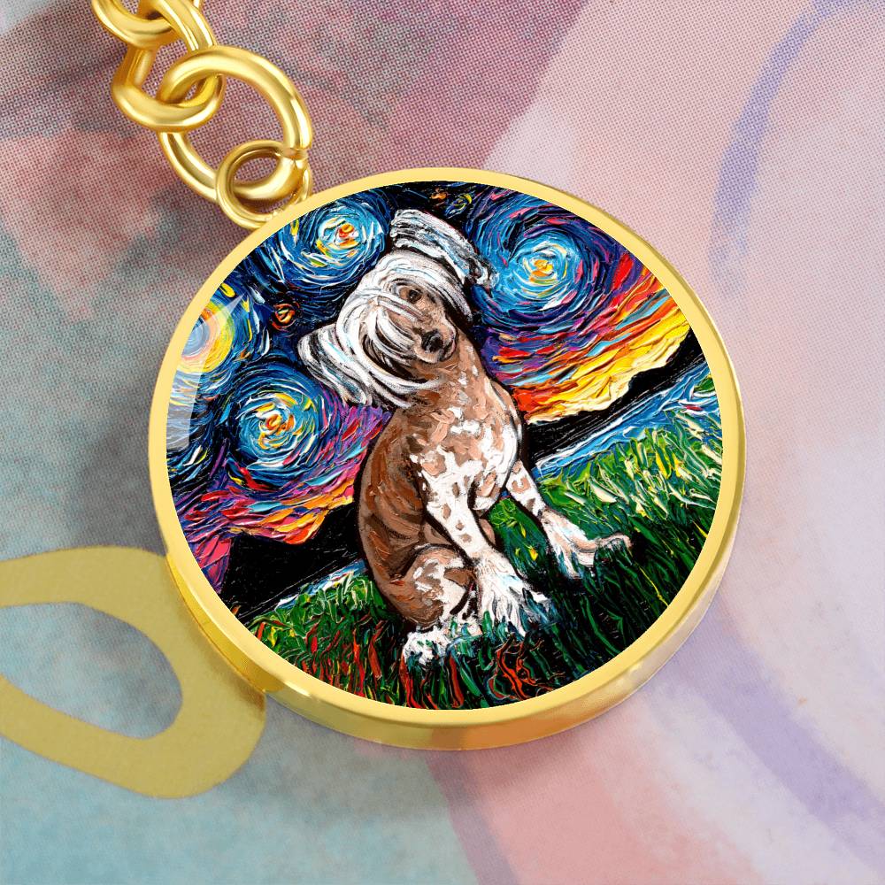 Chinese Crested Starry Night Round Keychain