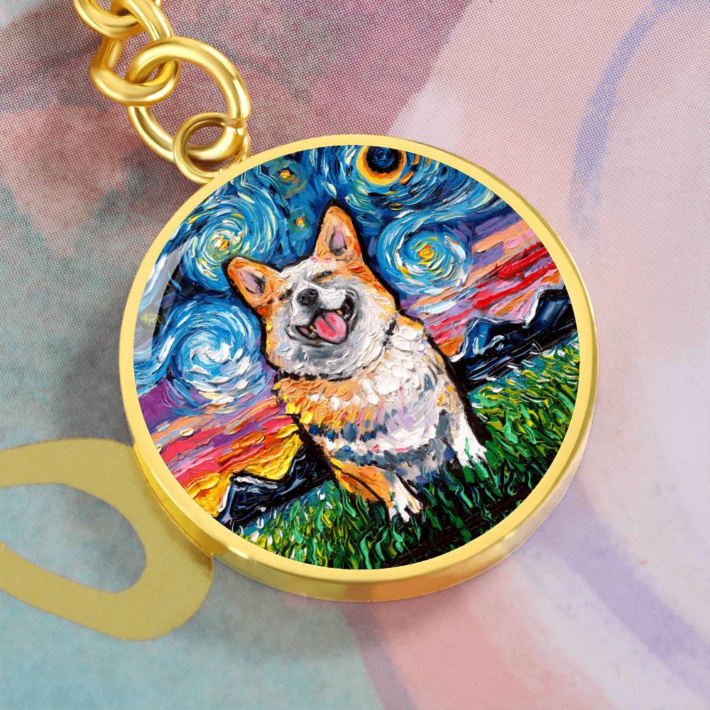 Smiling Corgi Starry Night Round Keychain