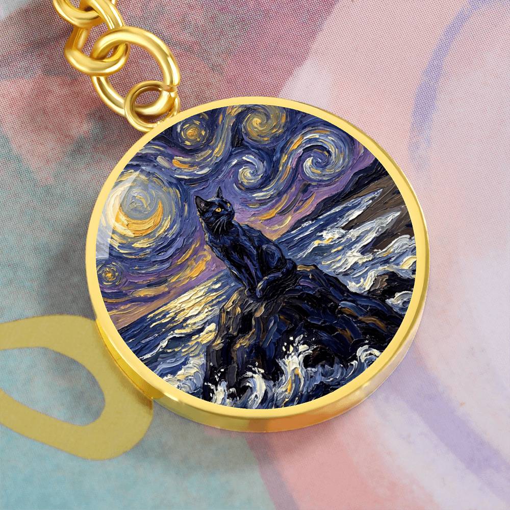 Beach Night - Black Cat Round Keychain