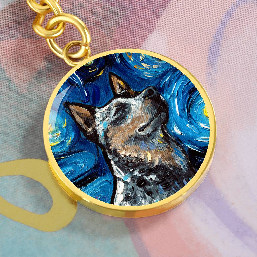 Blue Heeler Portrait Starry Night Round Keychain