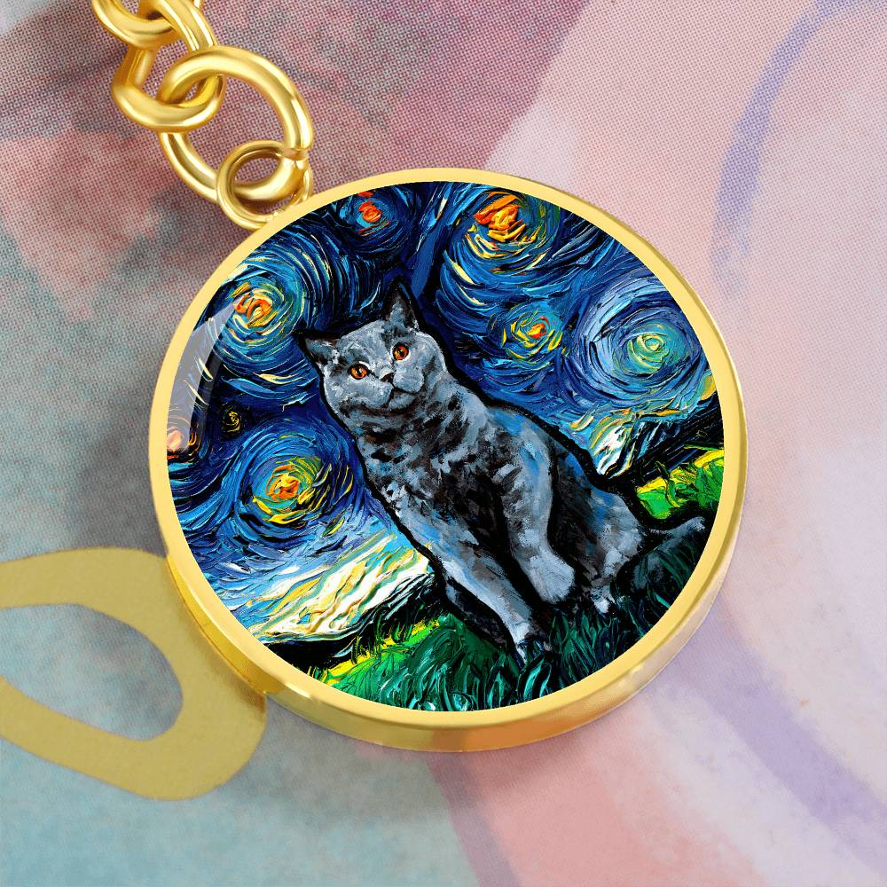 Blue British Shorthair Starry Night Round Keychain
