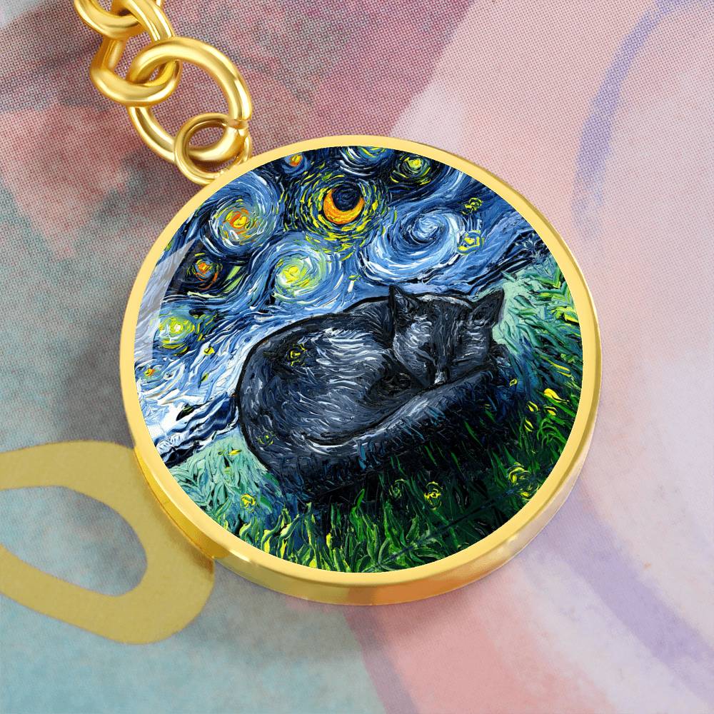 Sleeping Black Cat Starry Night Round Keychain