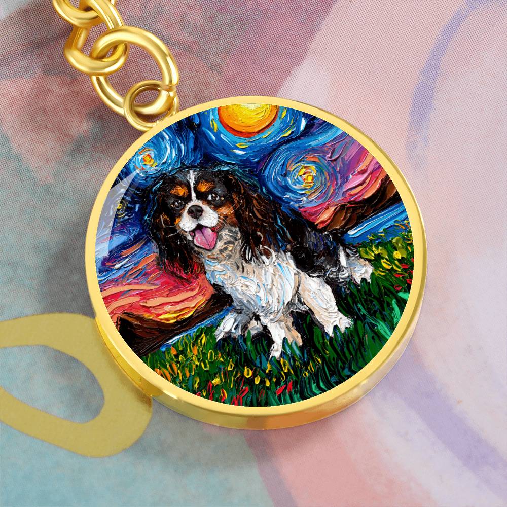 Tri Color Cavalier King Charles Spaniel Starry Night Round Keychain