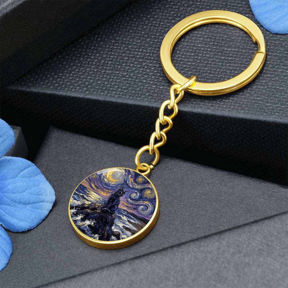 Beach Night - Black Cat Round Keychain