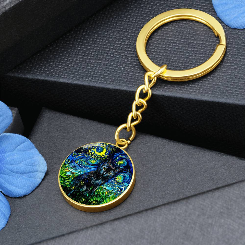 Black Cat Starry Night Round Keychain
