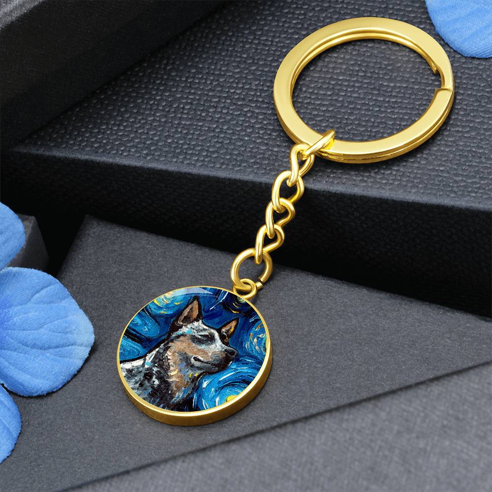 Blue Heeler Portrait Starry Night Round Keychain