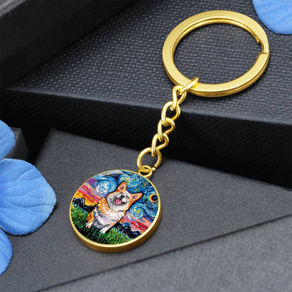 Smiling Corgi Starry Night Round Keychain