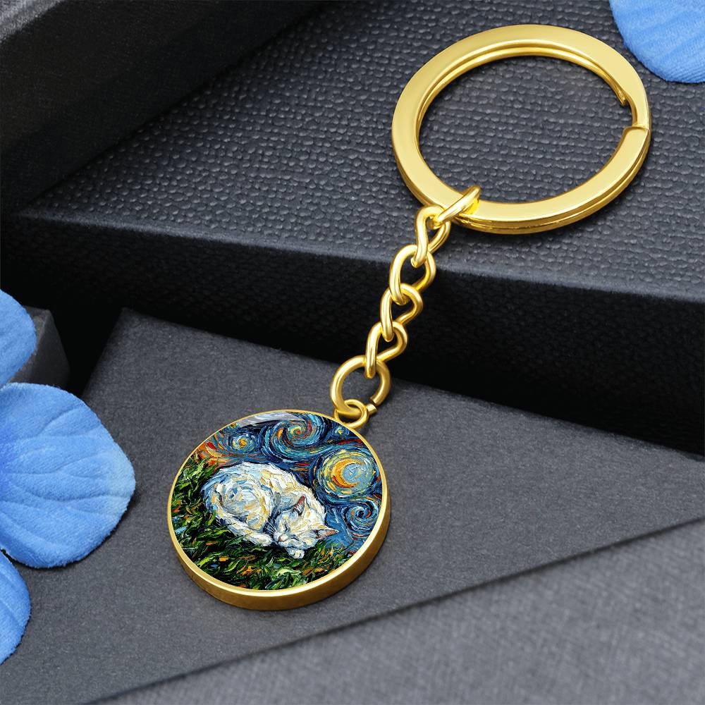 Sleepy White Cat Night Round Keychain