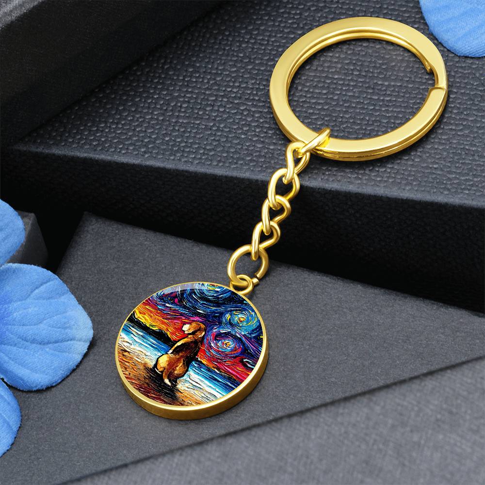 Beagle at the Beach Starry Night Round Keychain