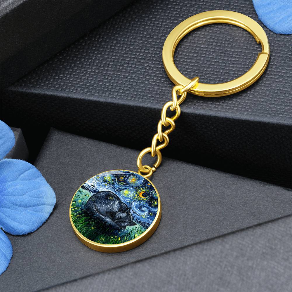 Sleeping Black Cat Starry Night Round Keychain