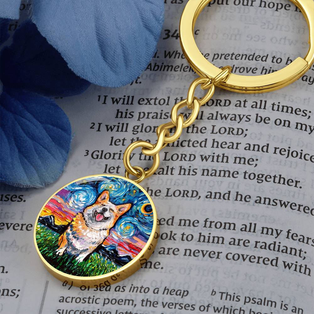 Smiling Corgi Starry Night Round Keychain
