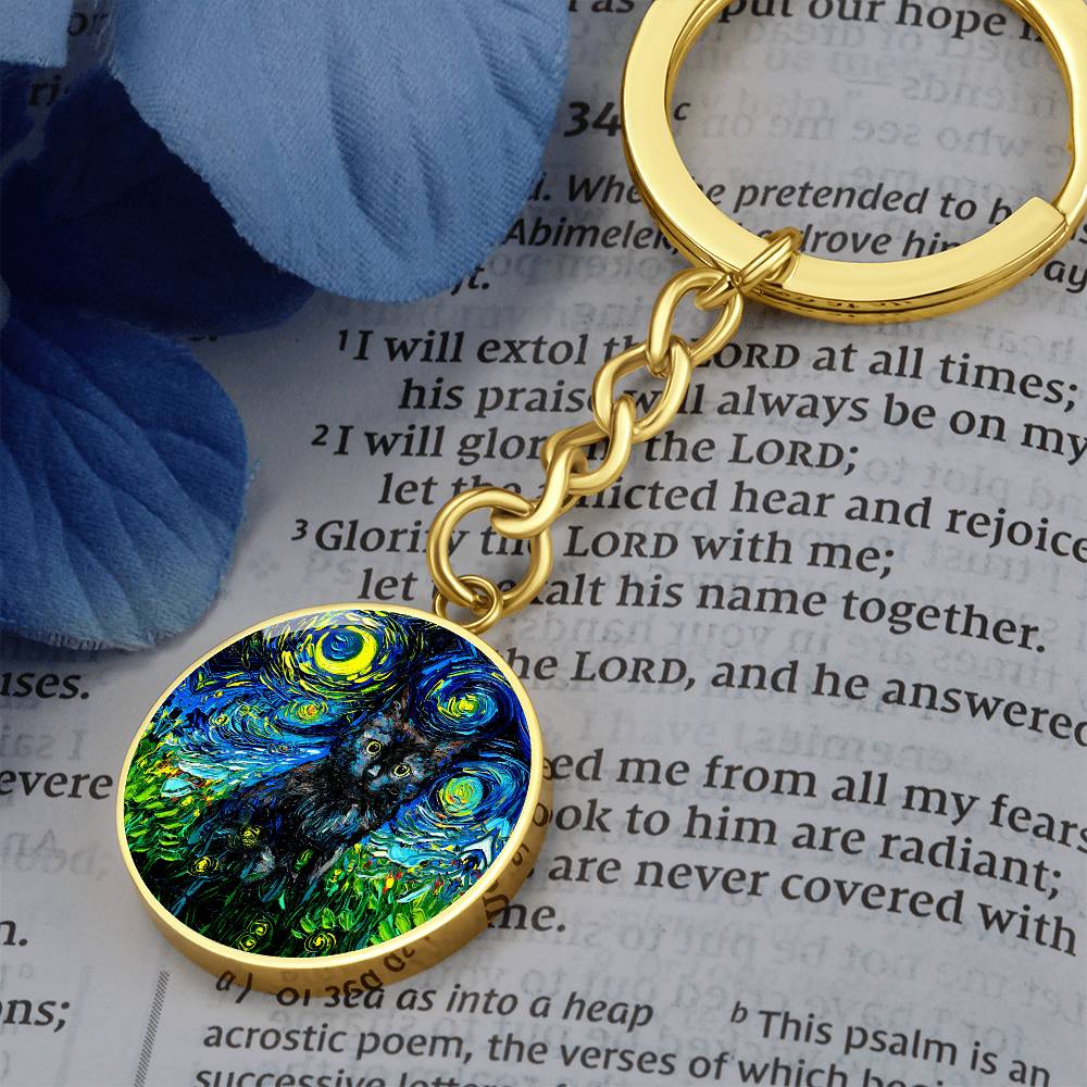 Black Cat Starry Night Round Keychain