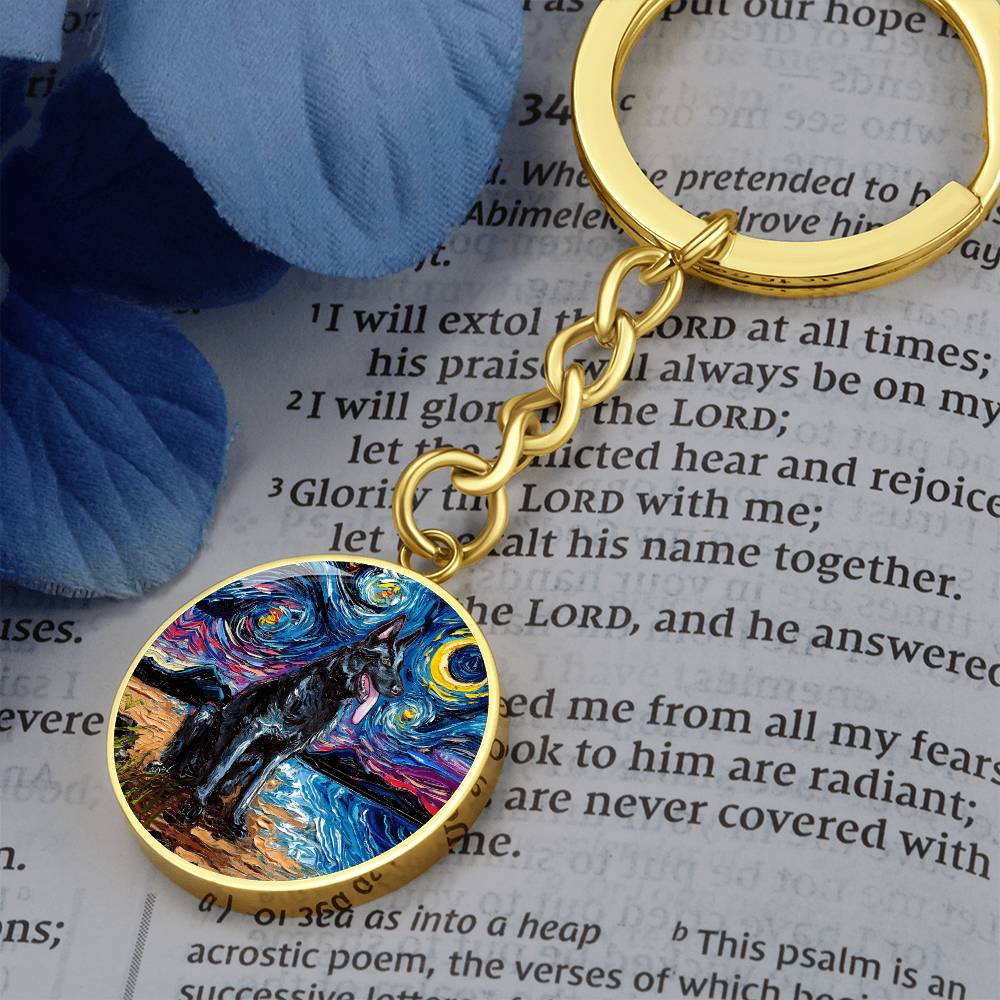 Black German Shepherd Starry Night Round Keychain