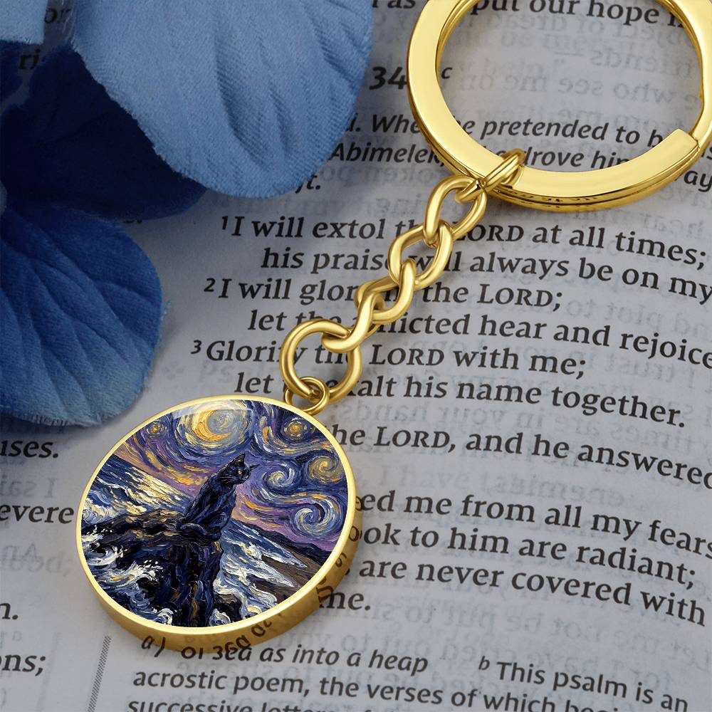 Beach Night - Black Cat Round Keychain