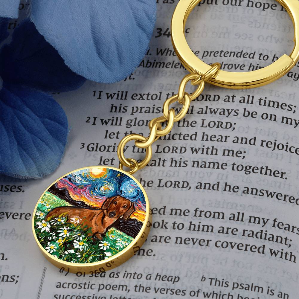 Brown Dachshund and Flowers Round Keychain
