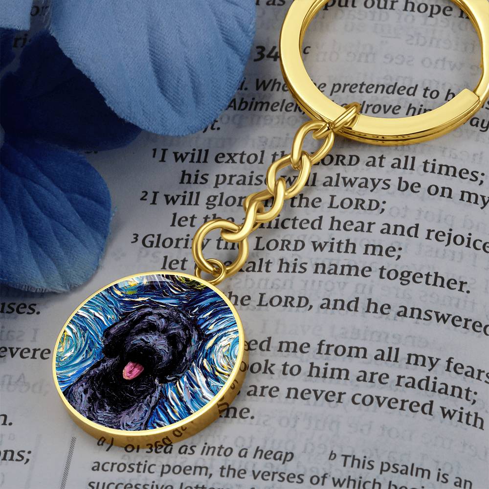 Black Goldendoodle Starry Night Round Keychain