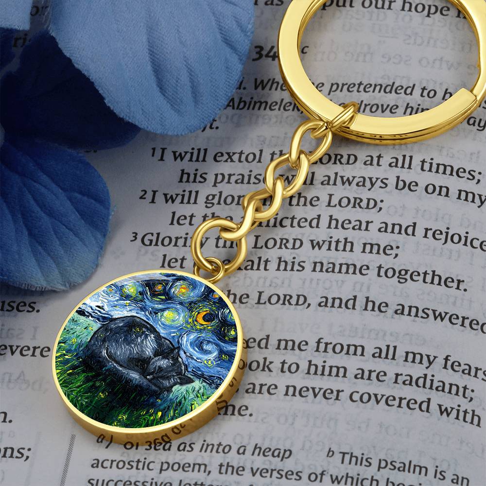Sleeping Black Cat Starry Night Round Keychain