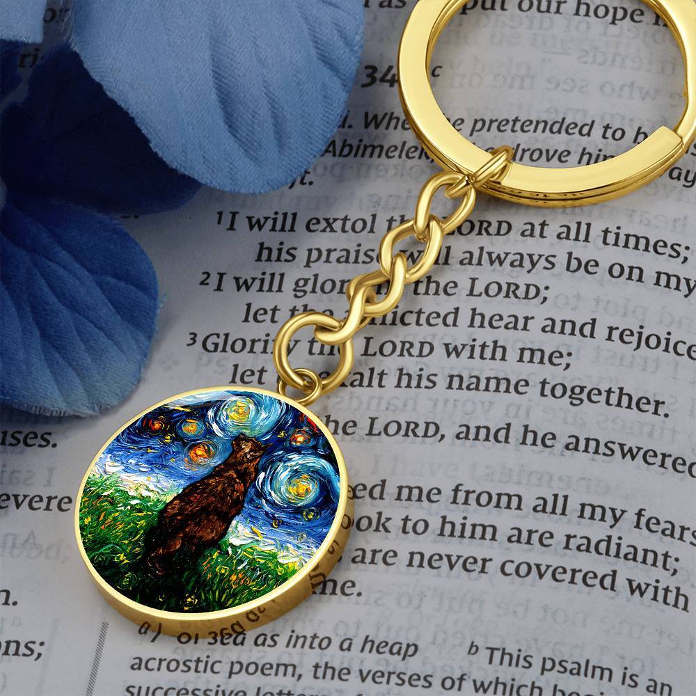Tortoiseshell Cat Starry Night Round Keychain