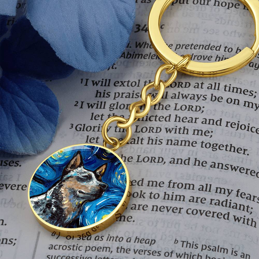Blue Heeler Portrait Starry Night Round Keychain