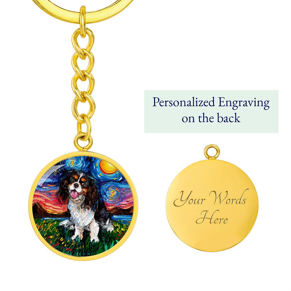 Tri Color Cavalier King Charles Spaniel Starry Night Round Keychain