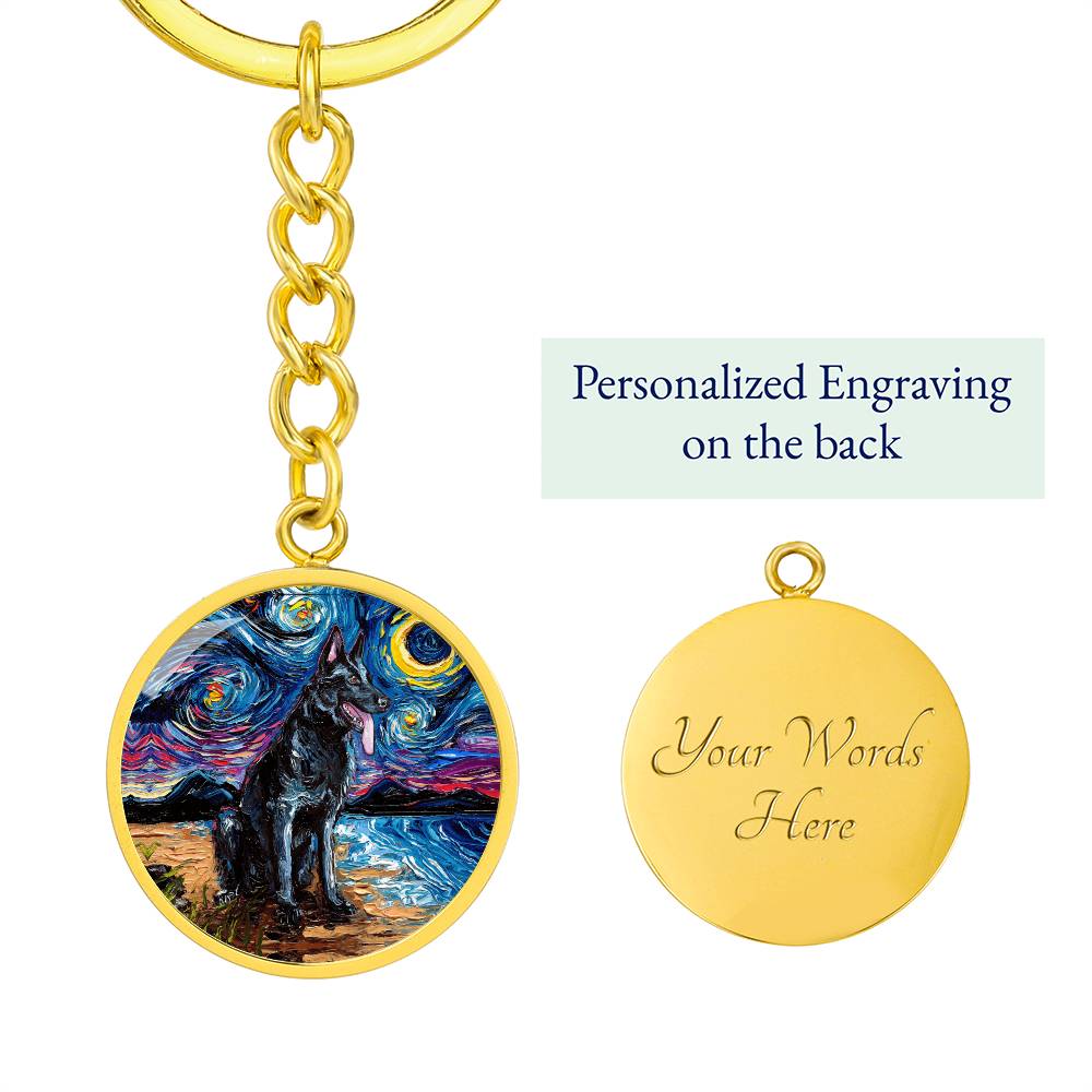 Black German Shepherd Starry Night Round Keychain