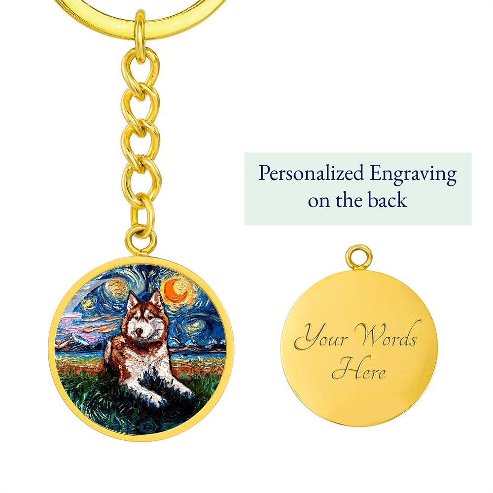 Red Husky Starry Night Round Keychain