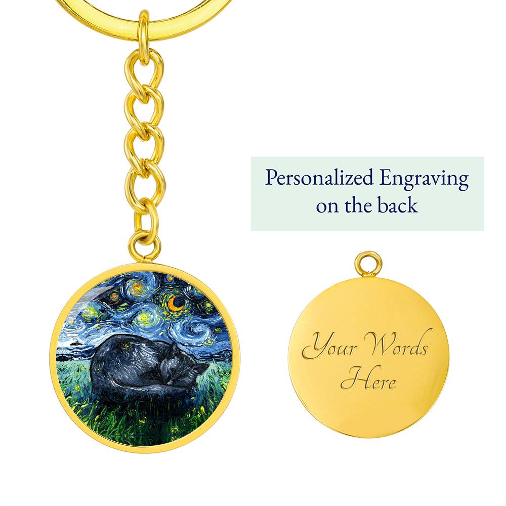 Sleeping Black Cat Starry Night Round Keychain