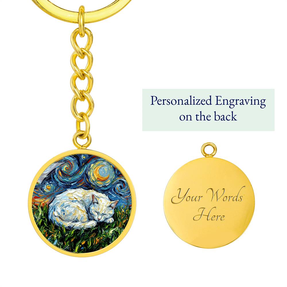 Sleepy White Cat Night Round Keychain