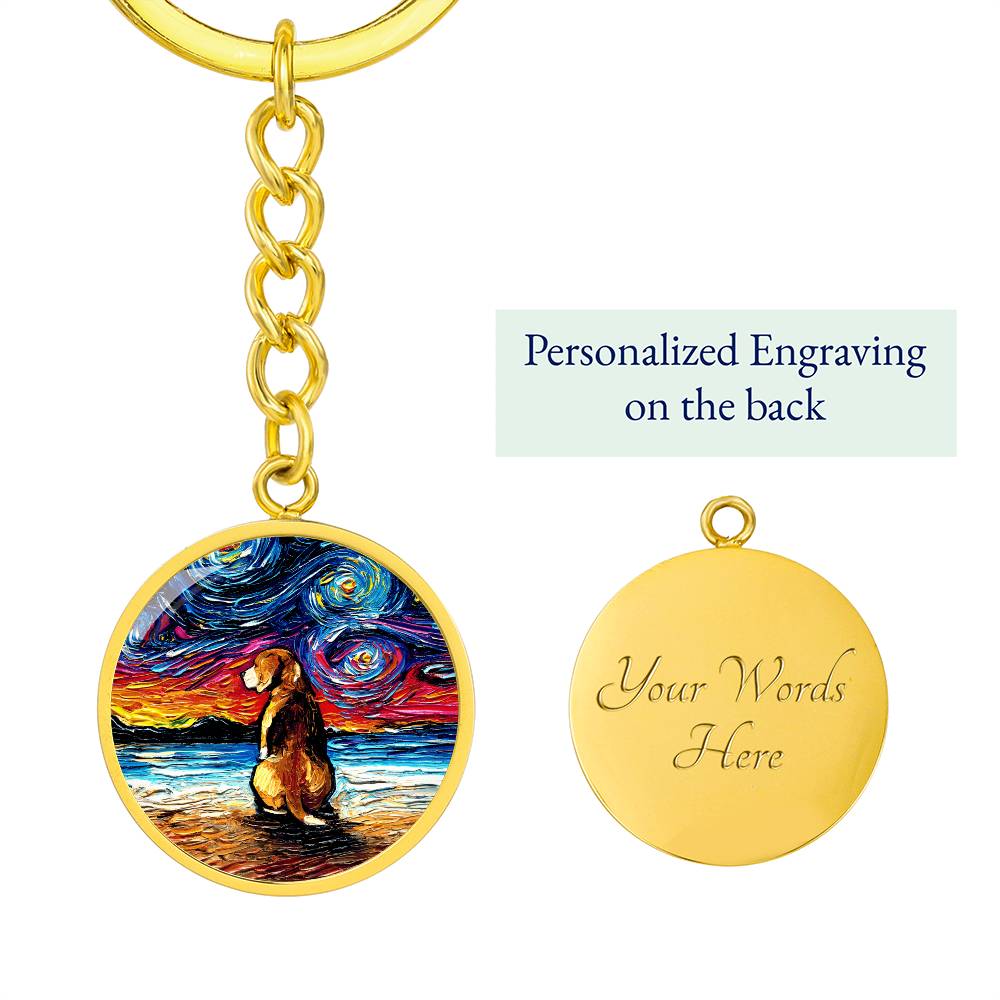 Beagle at the Beach Starry Night Round Keychain