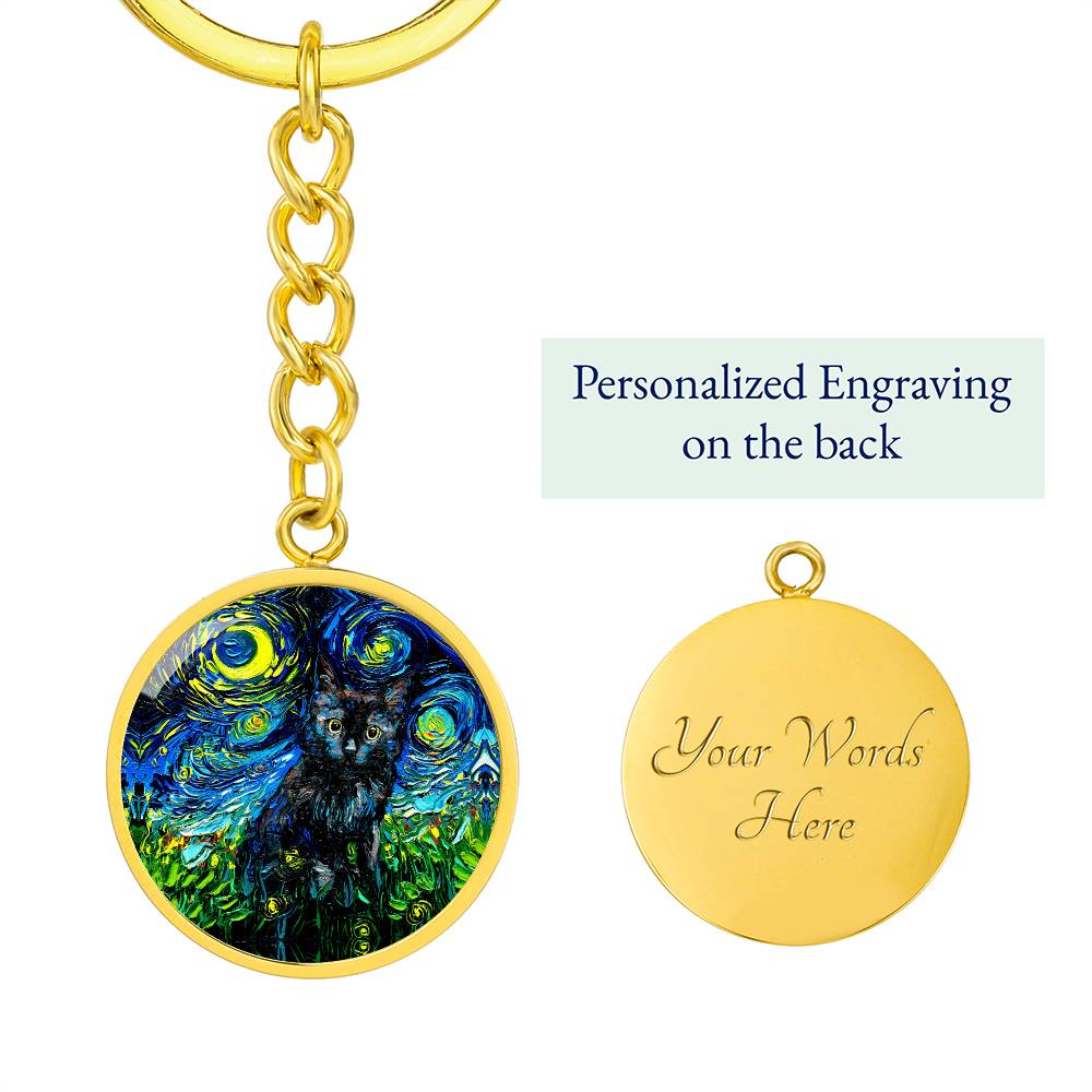 Black Cat Starry Night Round Keychain