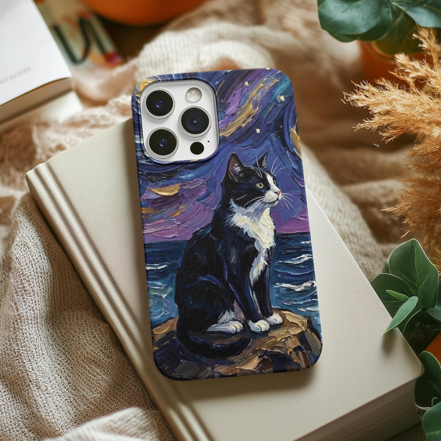 Tuxedo Cat Coastal Starry Night Art Phone Case