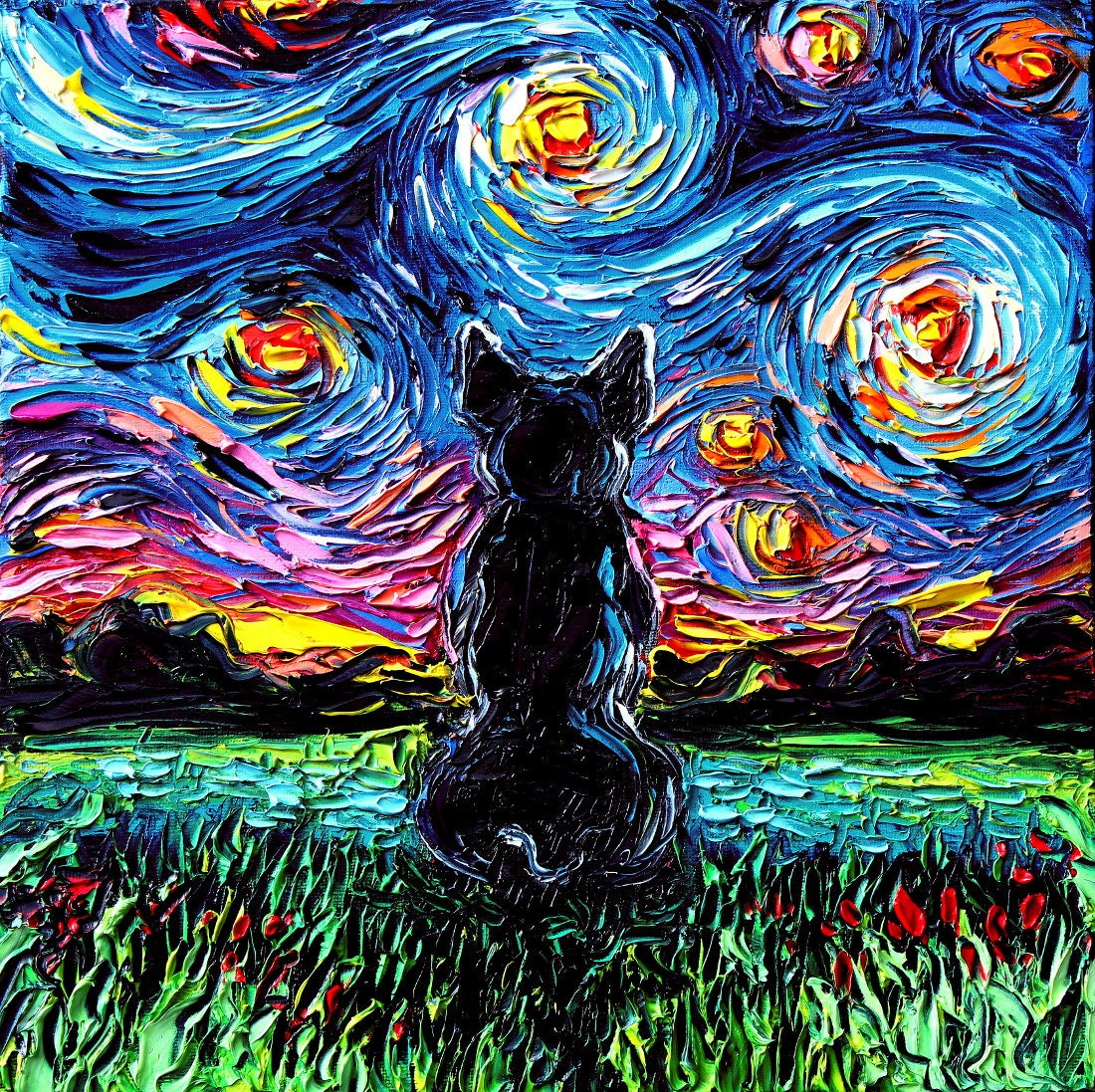 French Bulldog Art Starry Night Art Print dog lover gift cute art by Aja pup puppy Dog silhouette in landscape wall artwork home decor